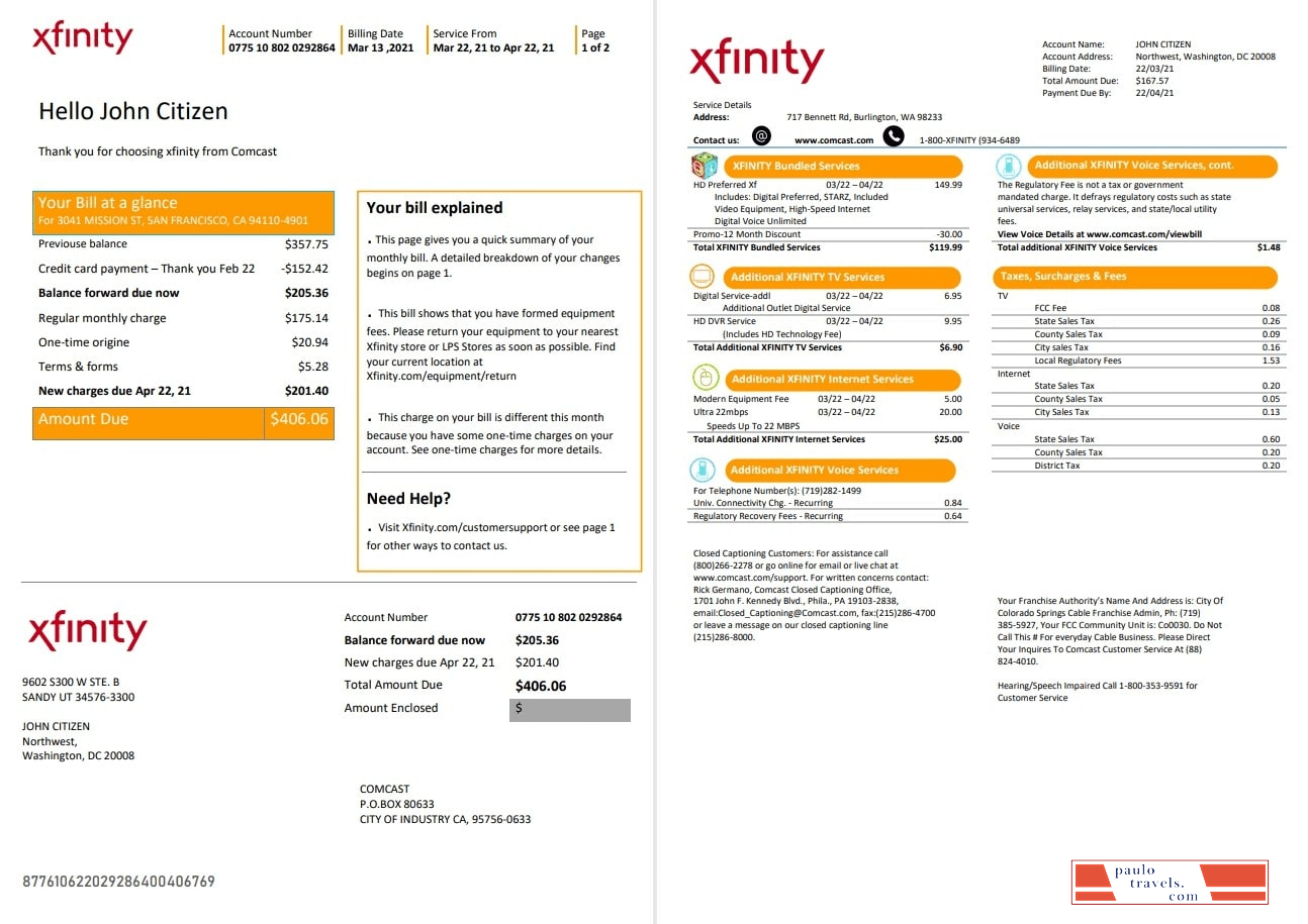 USA San Francisco Xfinity Comcast utility bill template in Word and PDF format (2 pages)